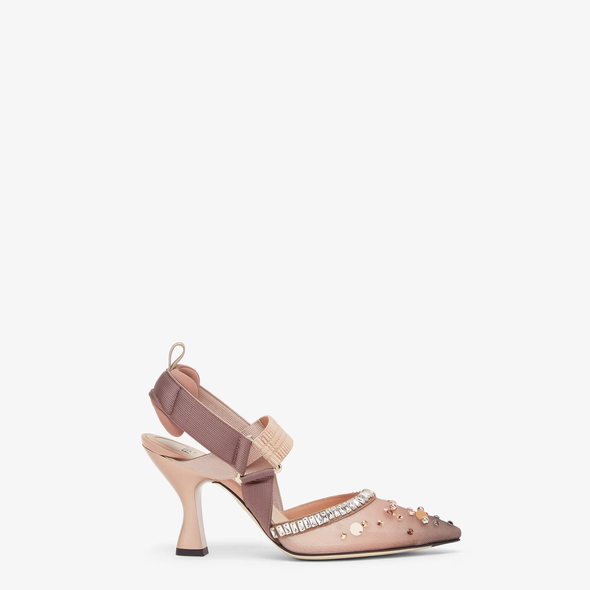 Pink mesh and crystals high-heeled sling backs