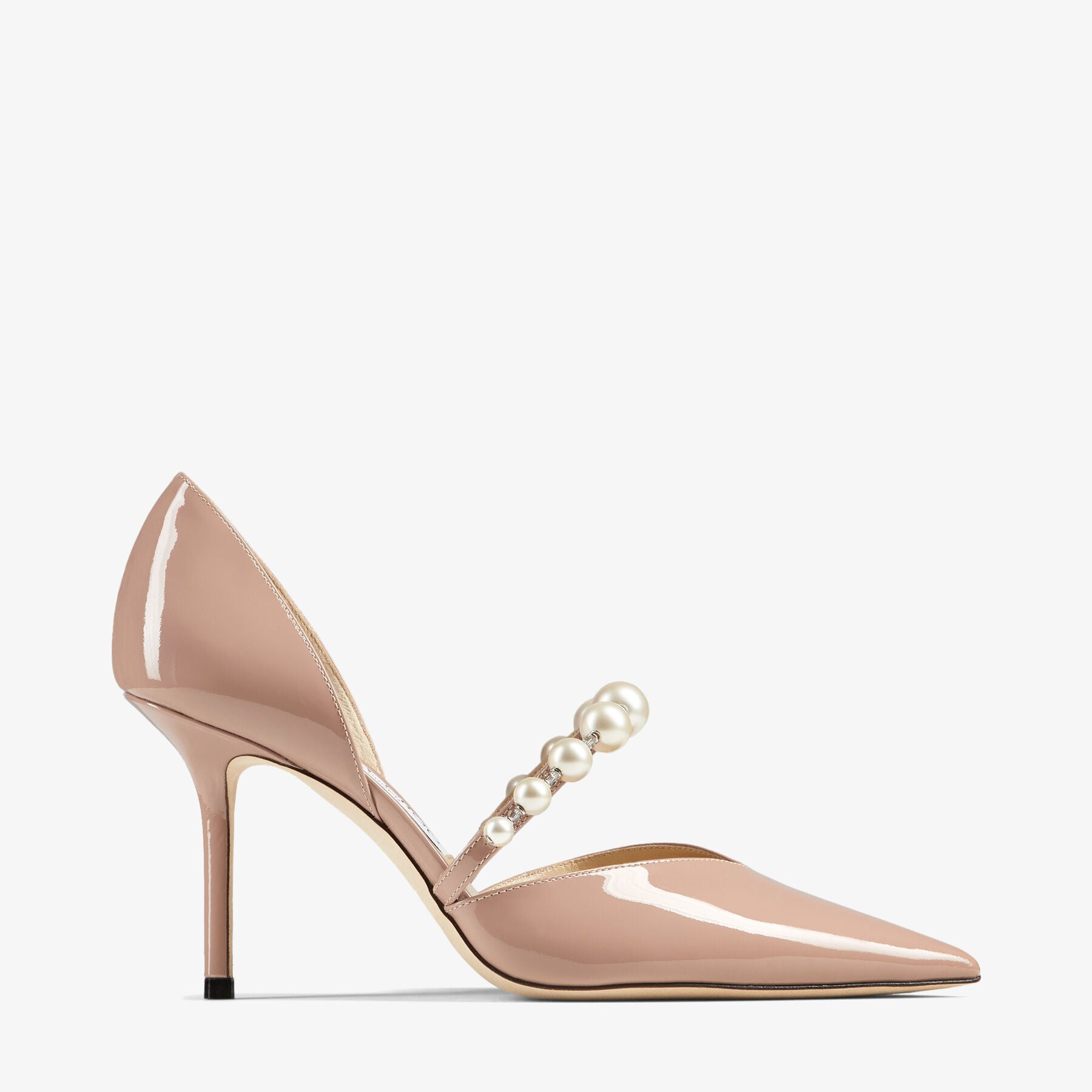 Pink Patent Leather Pointed Pumps with Pearl Embellishment