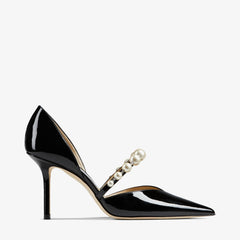 Black Patent Leather Pointed Pumps with Pearl Embellishment